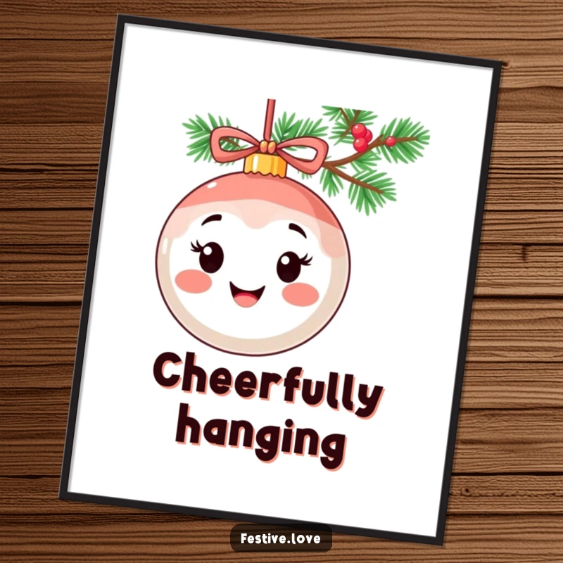 Funny digital art print of a smiling ornament character with a cheerful expression, hanging from a holiday garland.