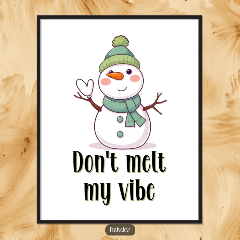 Funny winter digital art print of a jolly snowman character waving with twig arms and a carrot nose, instant download.