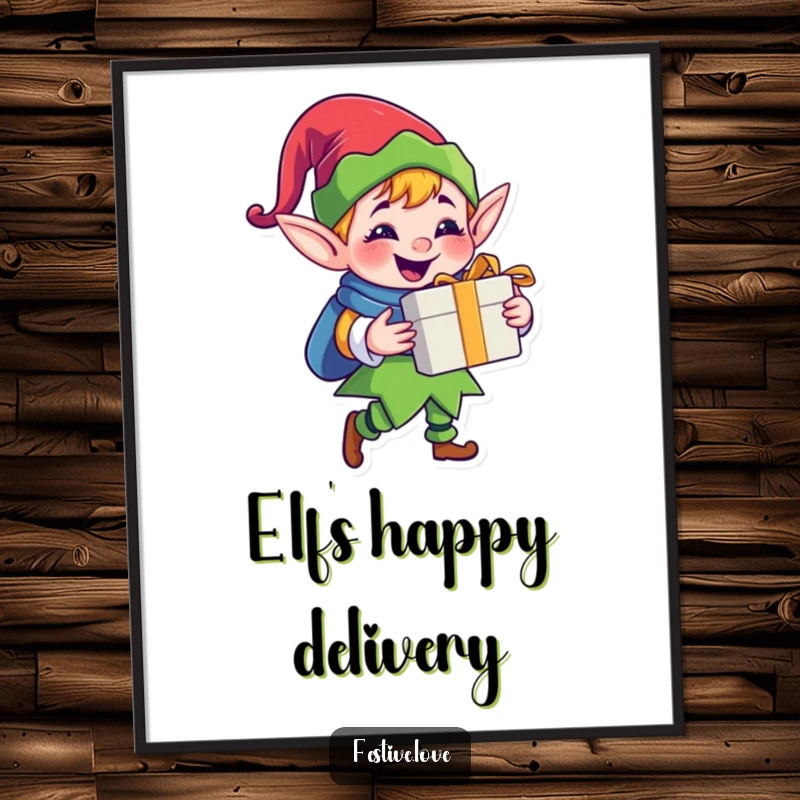 Funny jolly elf digital art print of a happy cartoon elf character delivering a gift with a big grin, for instant holiday joy.