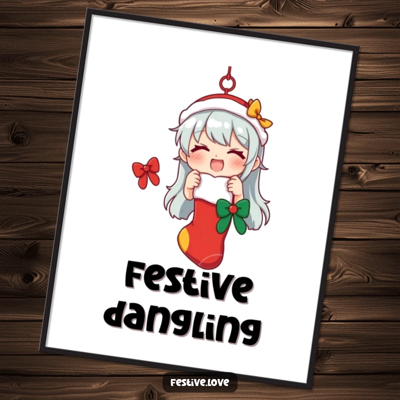 Funny digital art print of a character hanging a festive stocking, symbolizing holiday cheer, for instant download decor.