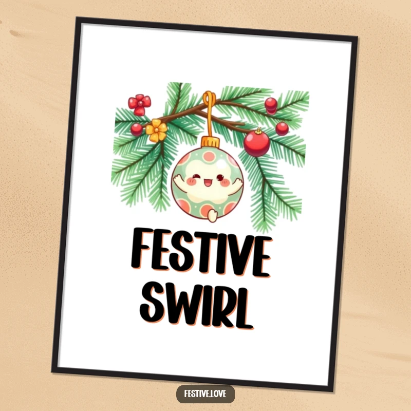Funny digital art print of a festive ornament character spinning gleefully on a decorated Christmas tree branch, ideal for digital holiday decor.
