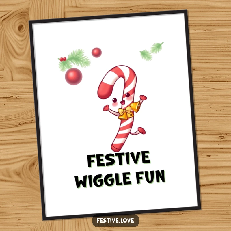 Funny candy cane digital art print of a dancing candy cane with jingle bells, ideal for holiday decor.