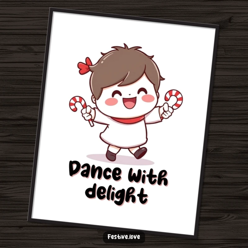 Funny digital art print of a cheerful character dancing with tiny candy canes and a wide smile, ideal for instant decor.