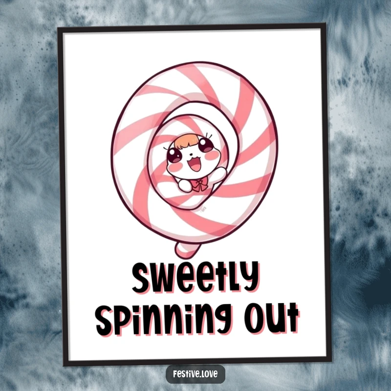 Funny Digital Art Print: A candy cane character spiraling with pure, animated delight for festive vibes.