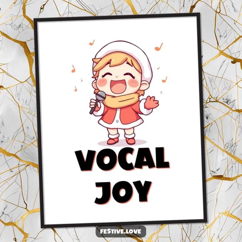 Funny digital art print of a happy carol singer character singing with a wide, joyful smile, ideal for digital holiday decor.