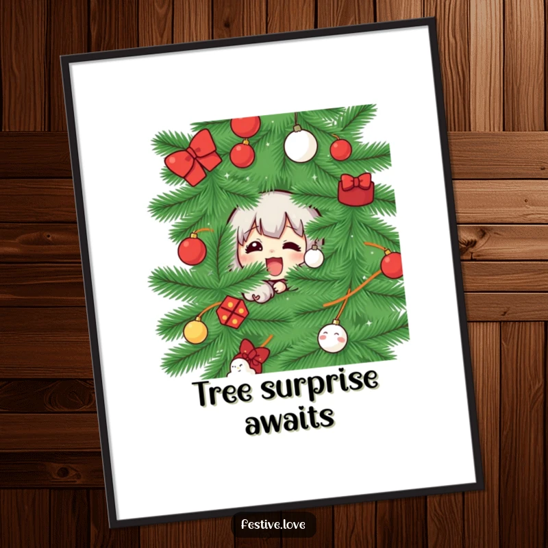 Funny digital art print of a character peeking from behind a Christmas tree, symbolizing playful anticipation, for instant download decor.
