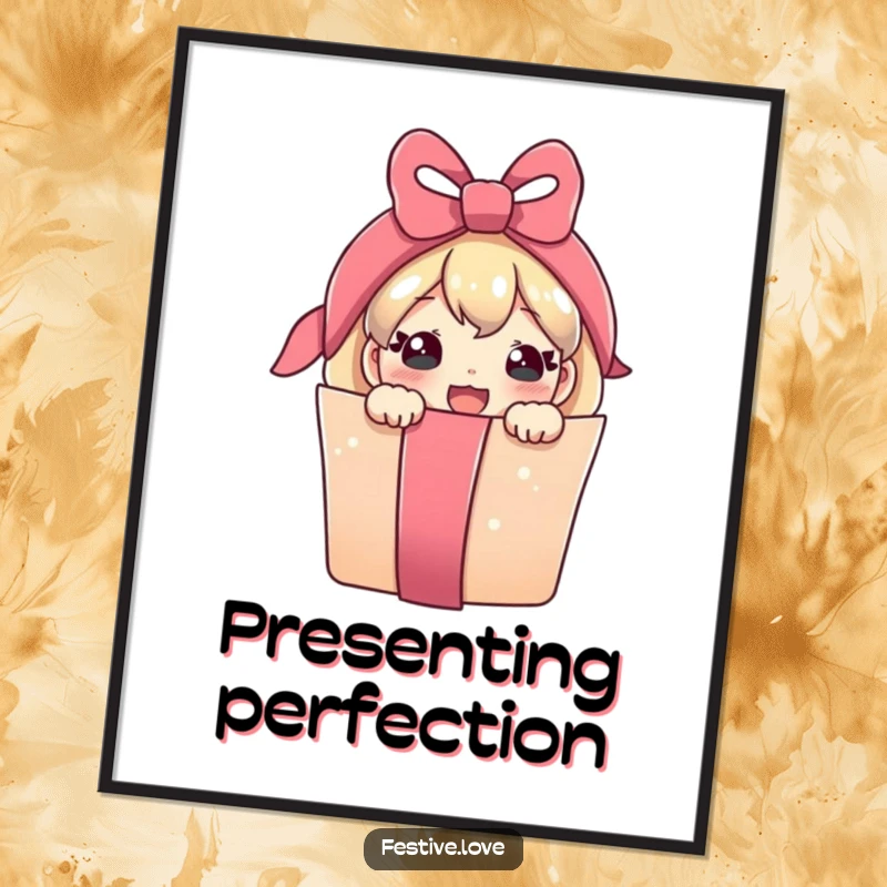 Funny digital art illustration of a cute, smiling present character peeking from a ribbon, conveying joyous anticipation.