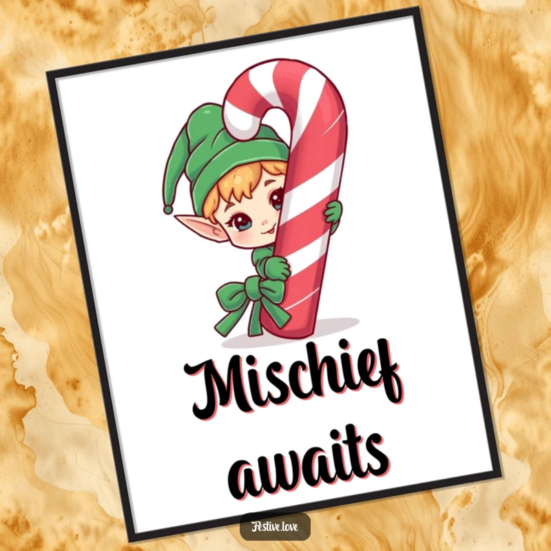 Funny digital art print of a mischievous elf character peeking with a sly grin from behind a giant candy cane.