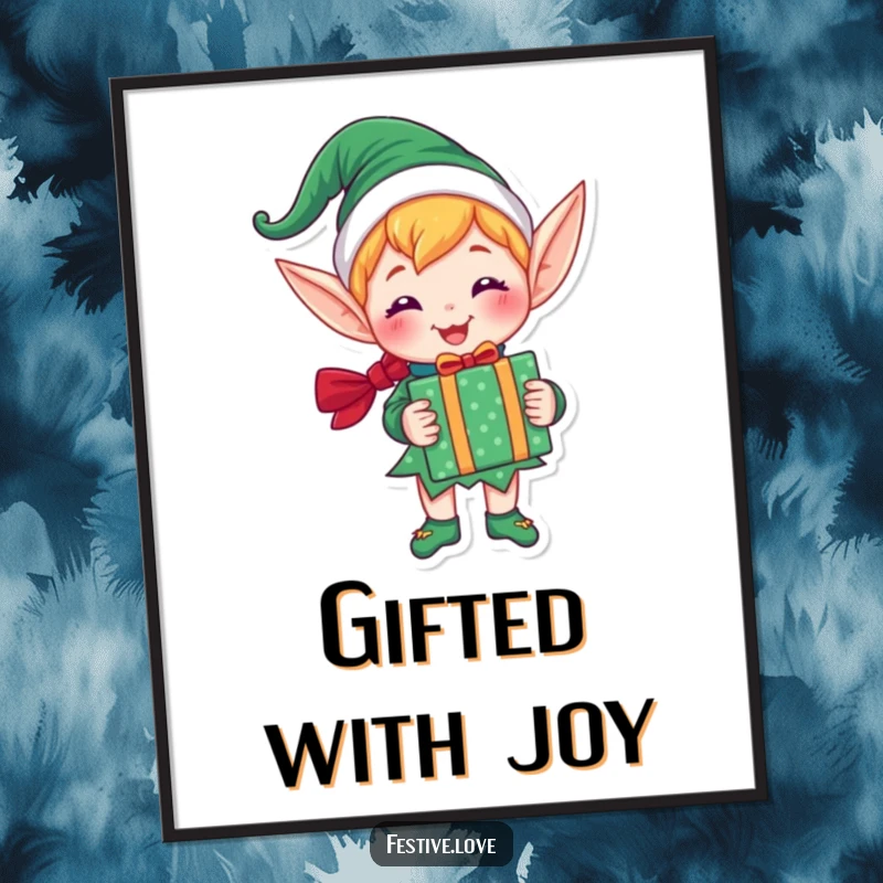 Funny digital art print of a joyful elf character holding a brightly wrapped gift, perfect for instant festive wall decor.