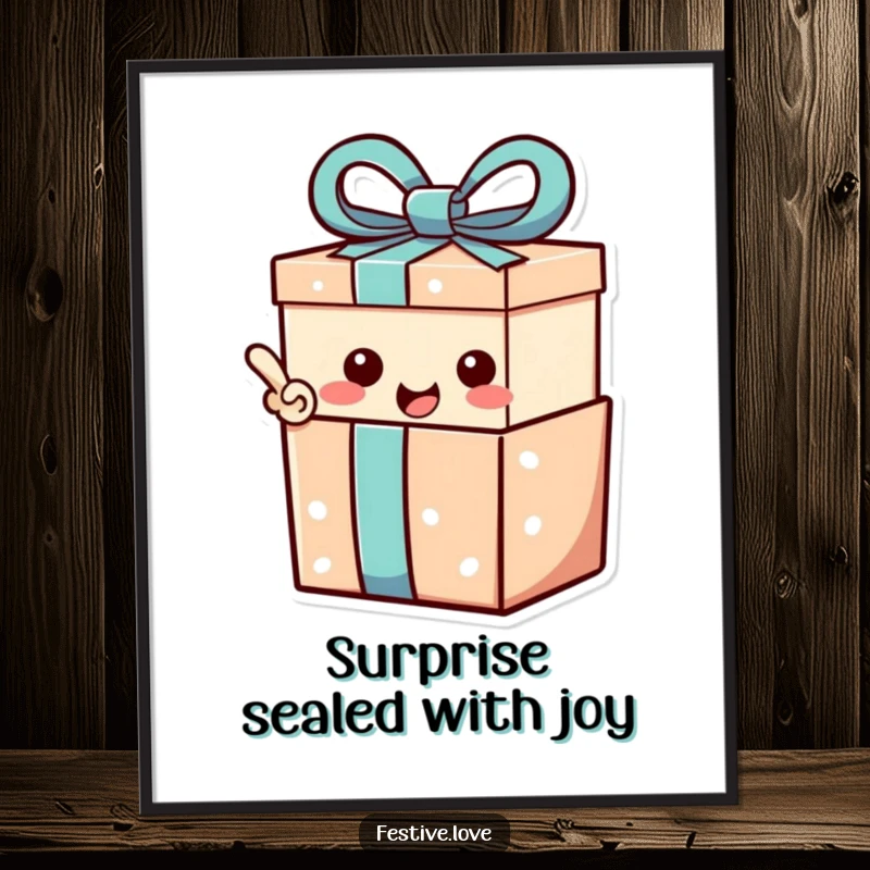 Funny Digital Art Print: A gift box character with a happy exclamation point, symbolizing festive surprises.