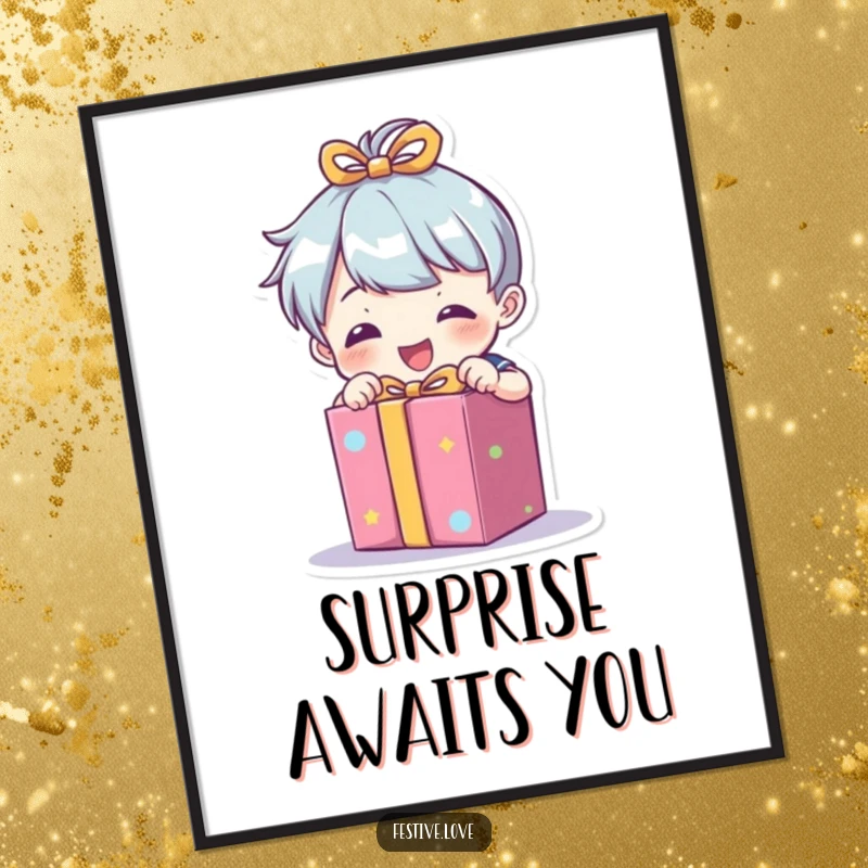 Funny digital art print of a little character enthusiastically unwrapping a brightly colored present, ideal for instant festive decor.