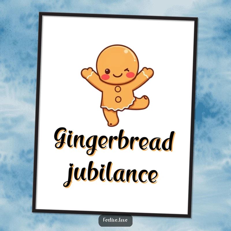Funny gingerbread dance digital art print of a cute cartoon gingerbread character doing a lively dance, for instant festive joy.