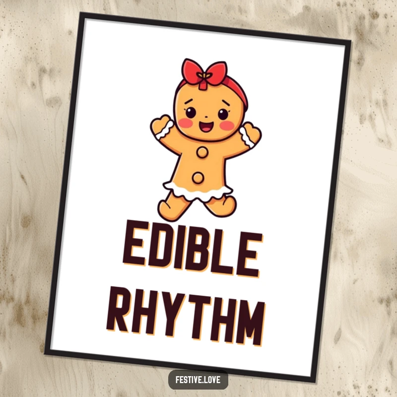 Funny gingerbread dancer digital art print, a character joyfully dancing, bringing festive energy to any space.