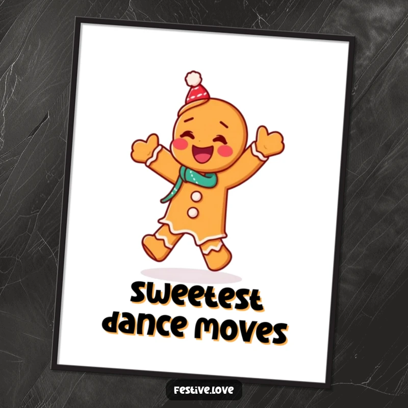 Funny digital art print of a giggling gingerbread man character doing a festive jig, perfect for instant lively holiday decor.