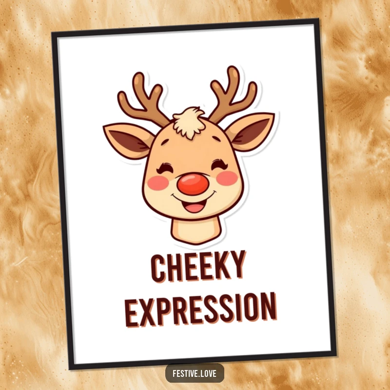 Funny reindeer digital art print, a festive character with rosy cheeks and a big grin, ready to spread joy.