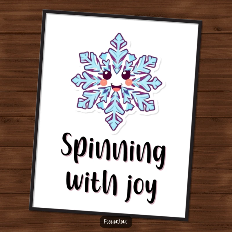 Funny digital art print of a happy snowflake character with intricate designs, captured in a joyful spinning pose.