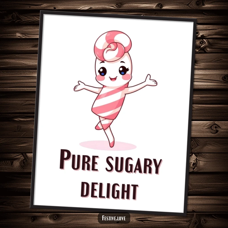 Funny kawaii candy cane digital art print, playful pirouette, cheerful holiday artwork.