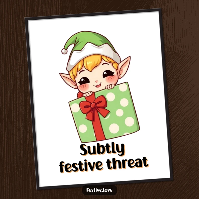 Funny kawaii elf digital art print, mischievous grin, hiding behind a gift, high-resolution playful artwork.