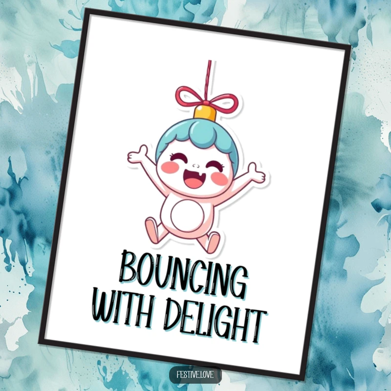 Funny Digital Art Print: A kawaii ornament character bounces vibrantly with excitement, a joyful and humorous piece for instant wall decor.