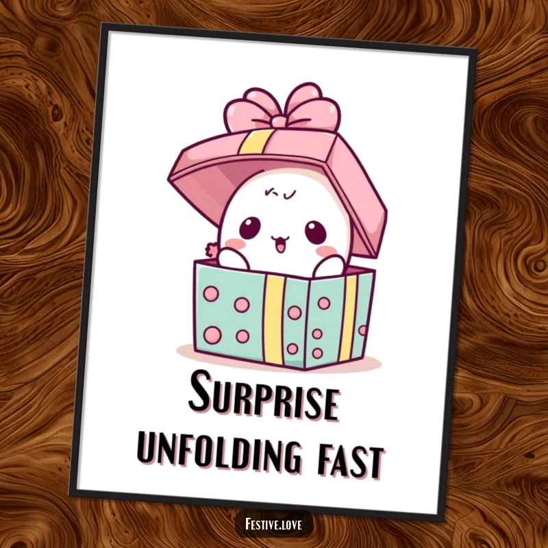 Funny Digital Art Print: A kawaii present character pops its lid open in surprise, a vibrant and humorous piece for instant wall decor.