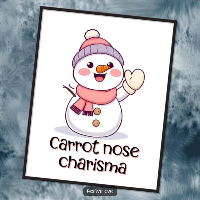 Funny kawaii snowman with a carrot nose, energetically waving a mitten, available as a high-resolution digital art print.
