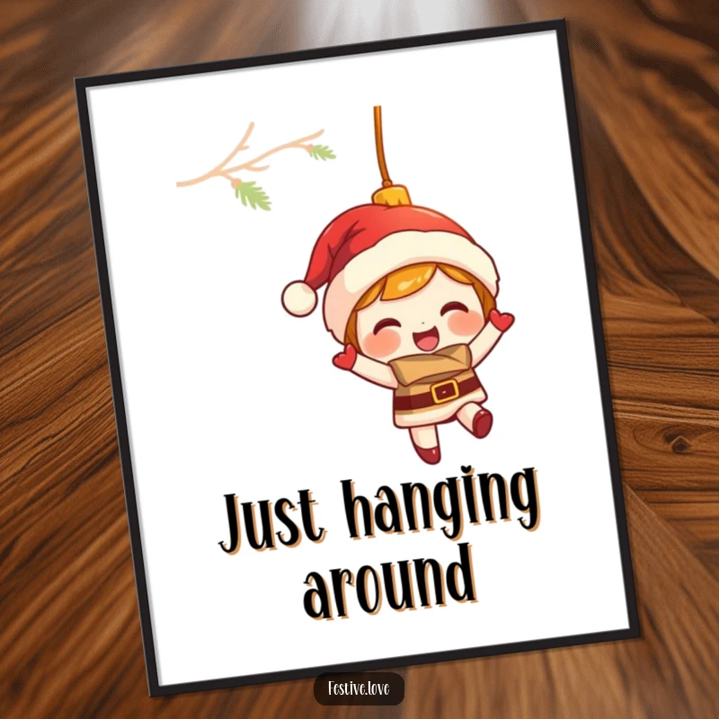 Funny digital art print of a giggling Christmas ornament character swinging merrily, symbolizing festive holiday joy.