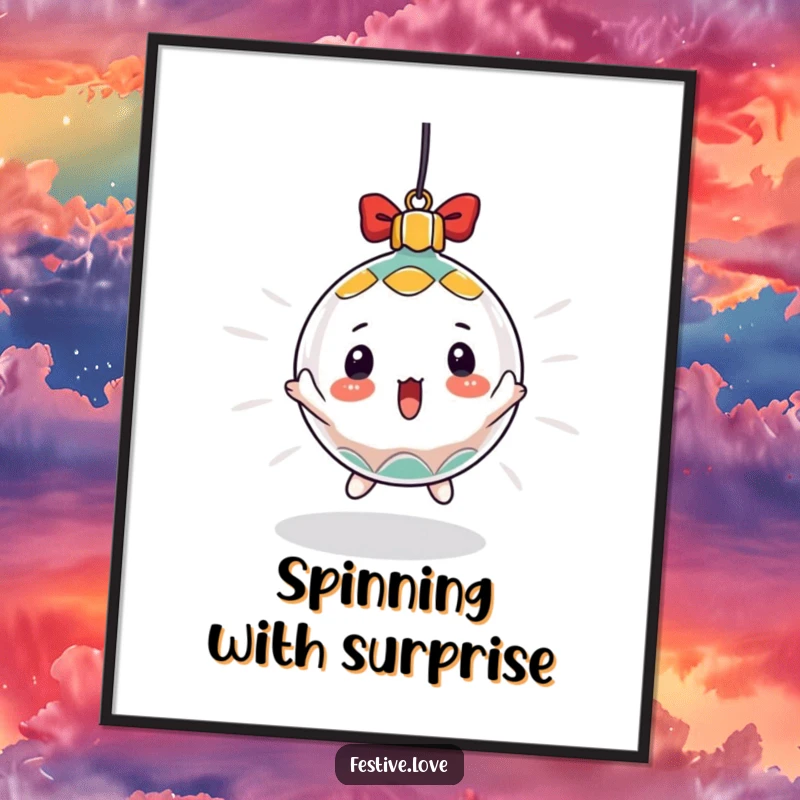Funny digital art print of a surprised Christmas ornament character spinning rapidly, perfect for instant dynamic holiday decor.