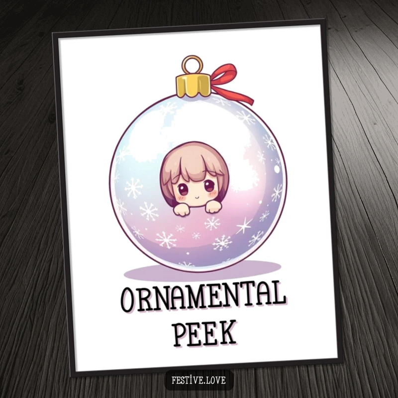 Funny digital art print of a small character peeking from behind a huge, glittering Christmas ornament, perfect for festive and whimsical wall decor.