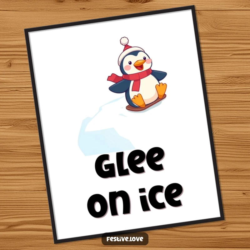 Funny digital art print of an excited penguin character joyfully sliding down a snowy, icy hill with a big smile.