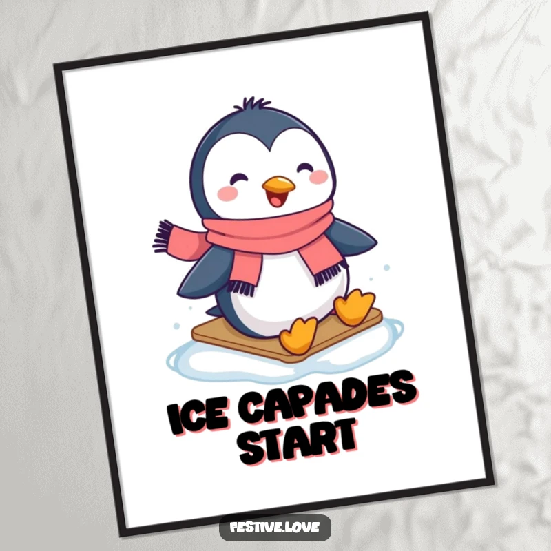 Funny digital art print of a happy penguin wearing a scarf, captured mid-slide on ice with pure joy.