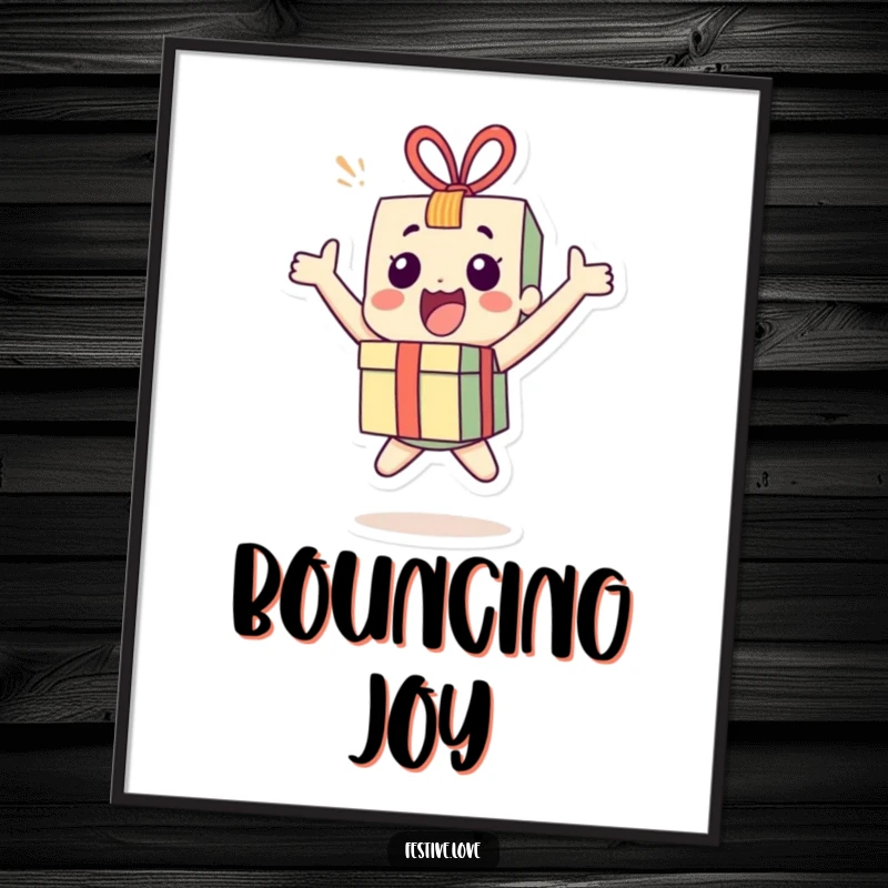 Funny little present character digital art print bouncing with joy, bringing instant excitement and a celebratory mood to any room.
