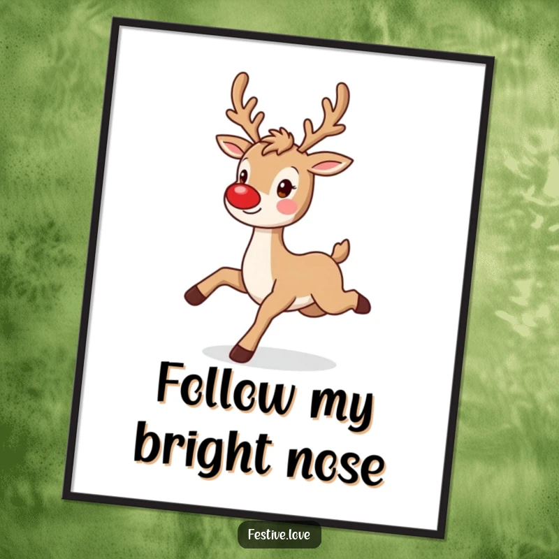 Funny reindeer digital art print of a playful character prancing with a twinkling red nose, instant download.