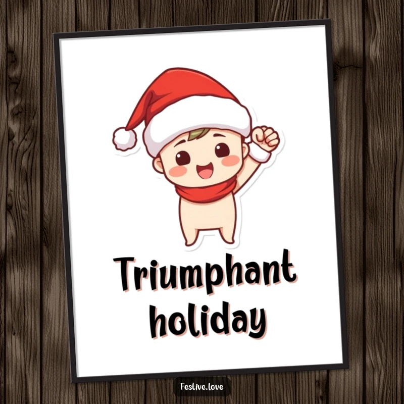 Funny digital art print of a Santa hat-wearing character exclaiming victory with a triumphant fist pump, ideal for festive digital displays.