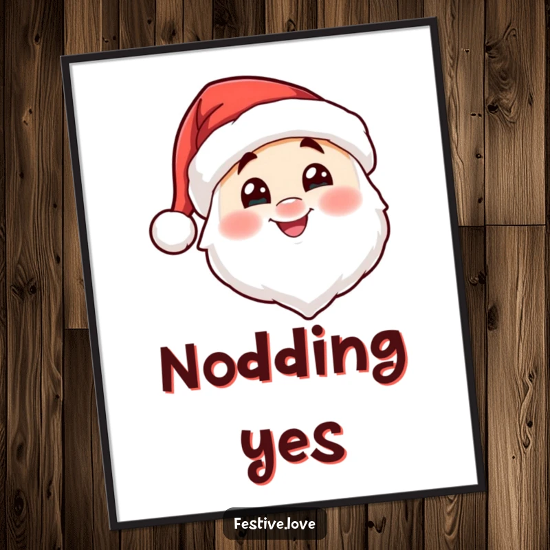 Funny Santa hat character digital art print nodding cheerfully, bringing instant holiday cheer and festive spirit to any room.