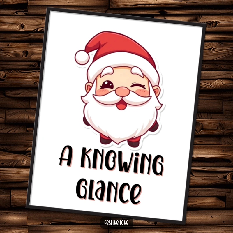 Funny digital art print of Santa Claus giving a big, happy wink, embodying festive holiday spirit.