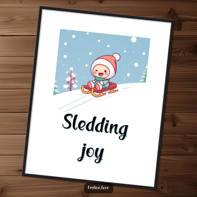 Funny digital art print of a character gleefully sledding down a snow-covered hill on a bright sled, evoking pure winter happiness.