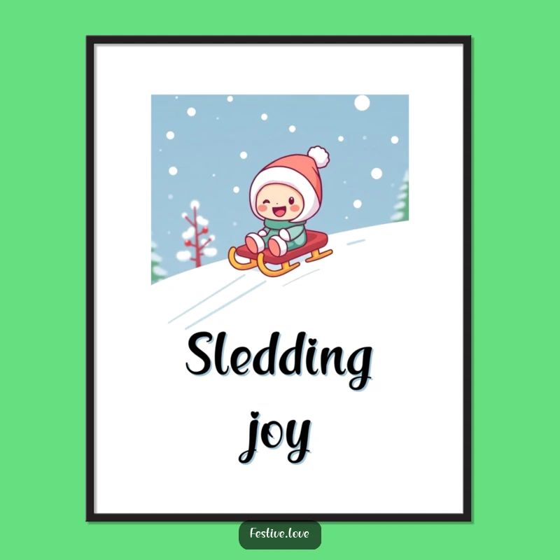 Funny Sledding Character Winter Digital Art - Instant Snow Decor Gift