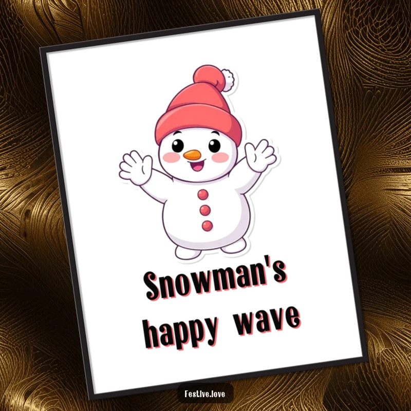 Funny smiling snowman digital art print of a happy cartoon snowman character waving enthusiastically, for instant winter joy.