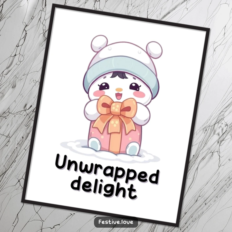 Funny digital art print of a cute snow character joyfully unwrapping a beautifully presented holiday gift with a large bow.
