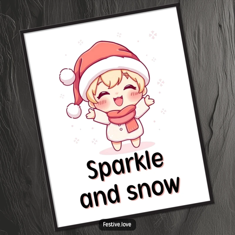 Funny digital art print of a cute character in a Santa hat joyfully throwing sparkling snowflakes, ideal for instant festive decor.
