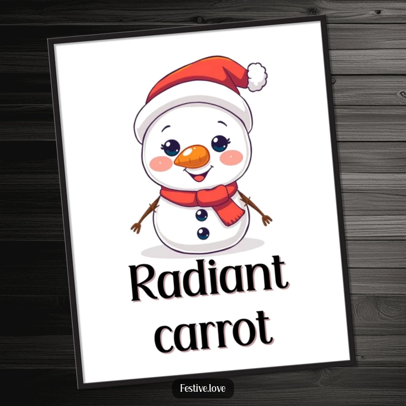 Funny digital art print of a jolly snowman character with a brightly glowing carrot nose and a welcoming smile.
