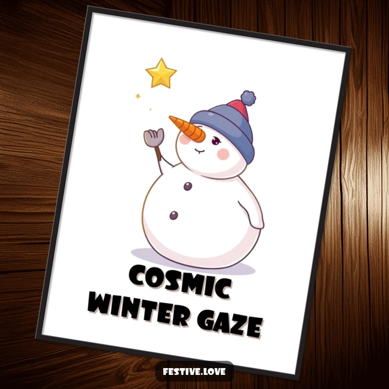 Funny snowman digital art print of a plump snowman gazing at a falling star, perfect for winter decor.