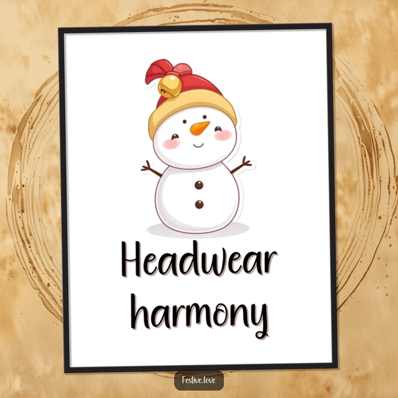 Funny snowman digital art print, a festive character wearing a jingly bell hat, ready to spread cheer.
