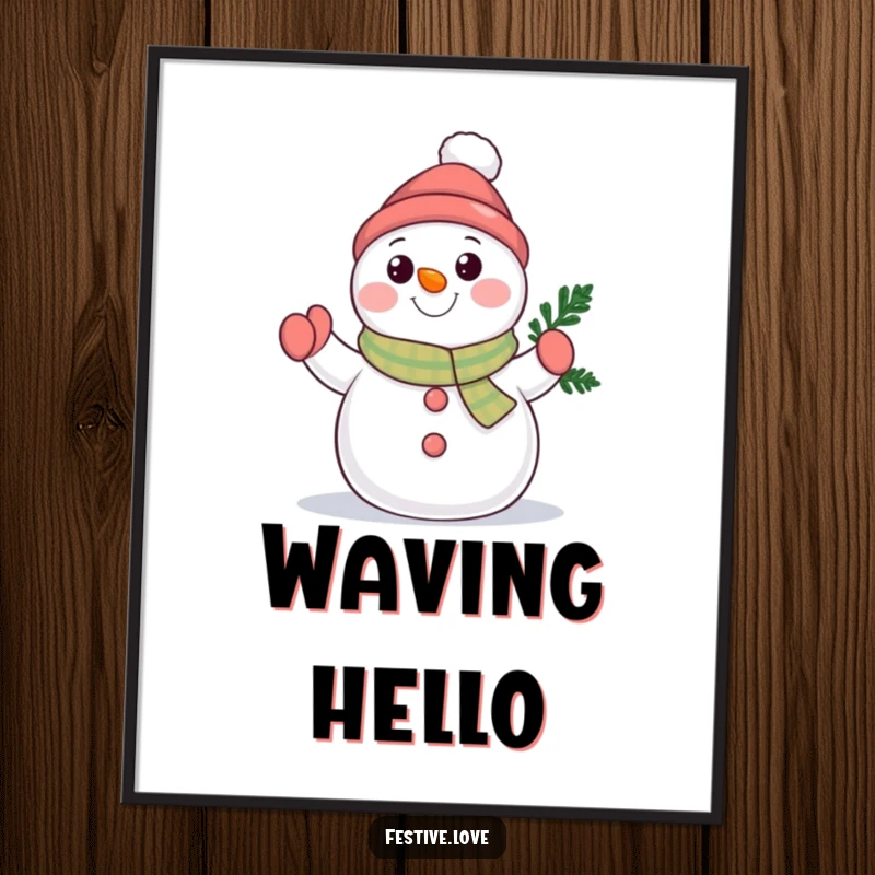 Funny snowman character digital art print waving a tiny evergreen branch, bringing instant winter cheer and friendly warmth to any room.
