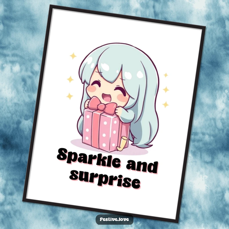 Funny digital art print of a character unwrapping a sparkling gift, symbolizing excitement, for instant download decor.