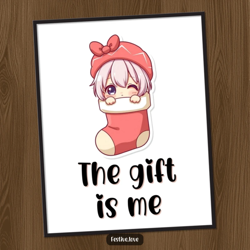 Funny digital art print of a character playfully peeking from a Christmas stocking, capturing holiday excitement and festive anticipation.