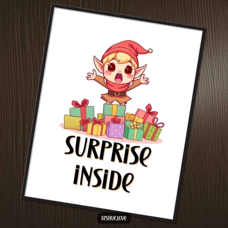 Funny digital art print of a shocked elf character mid-jump, ecstatic behind a massive hoard of holiday presents.