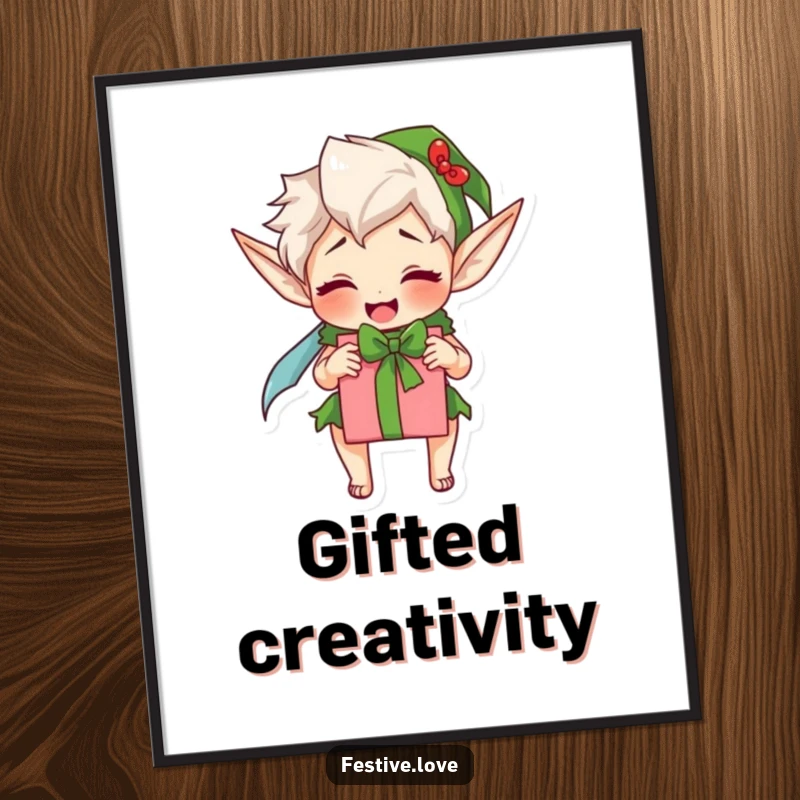 Funny elf digital art print, an excited character wrapping a gift, bringing the holiday spirit to any space.
