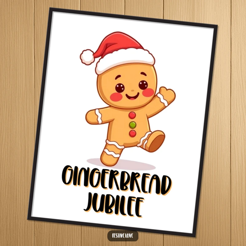 Funny kawaii gingerbread man wearing a Santa hat, joyfully dancing, available as a high-resolution digital art print.
