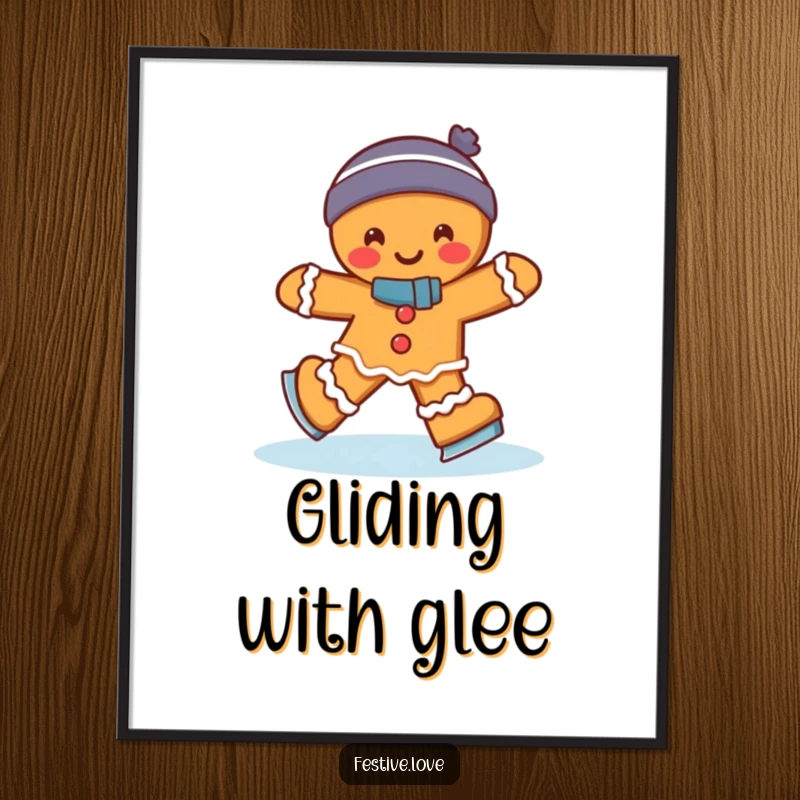Funny gingerbread man ice skating with a joyful wobble, rendered as digital art, a humorous and festive printable gift.